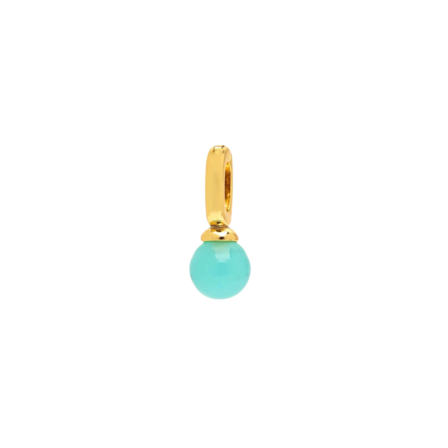 Gold charm with a smooth aqua blue bead on a white background.