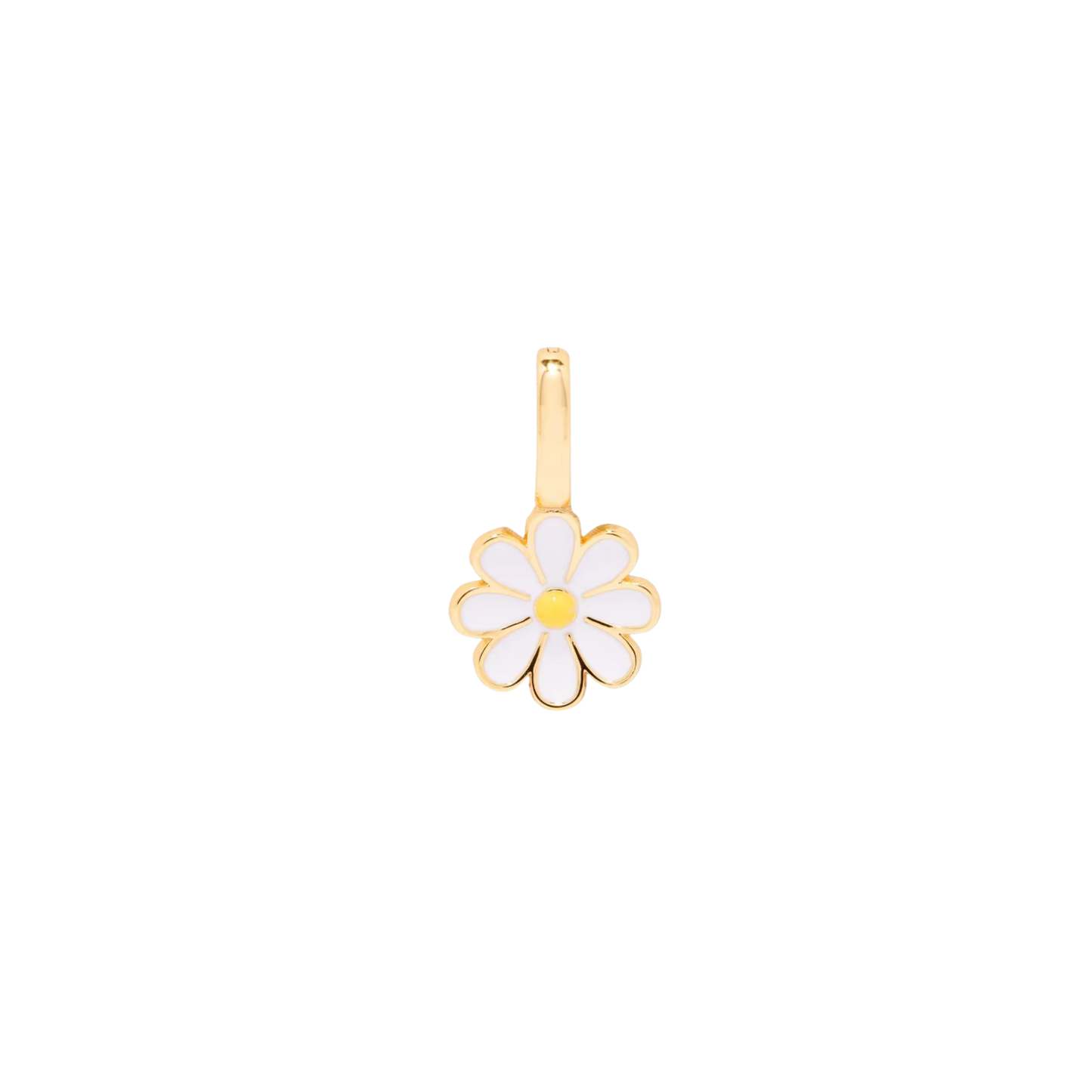 Gold daisy flower charm with white petals and yellow centre on a white background.