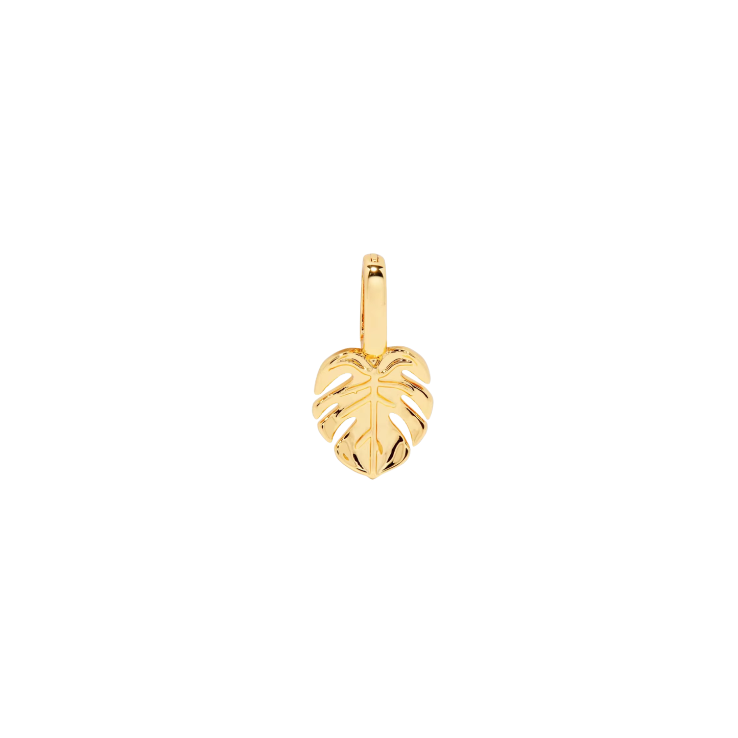 Gold palm leaf charm on a white background.