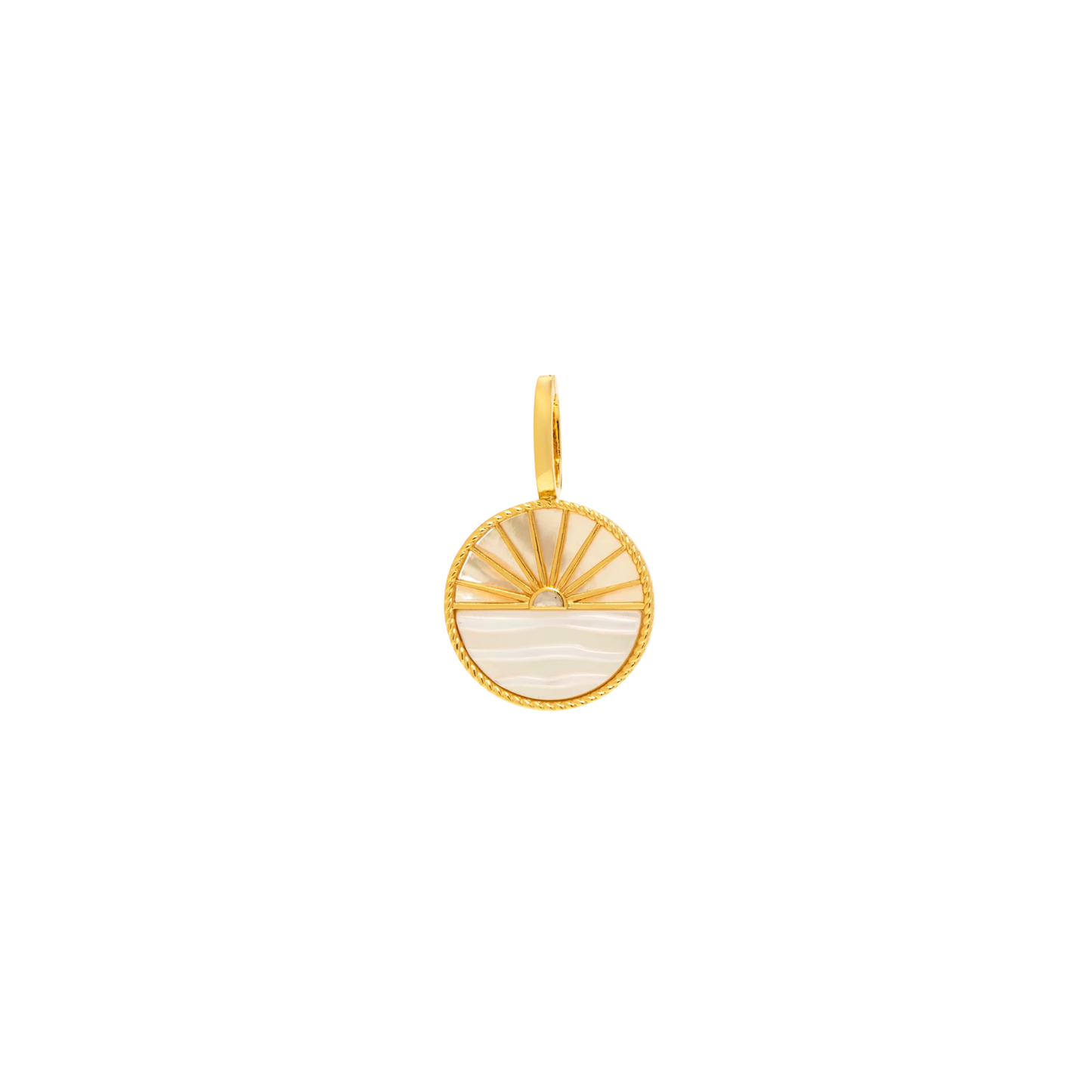 Gold round charm featuring a sun and wave design with cream enamel-style detail on a white background.