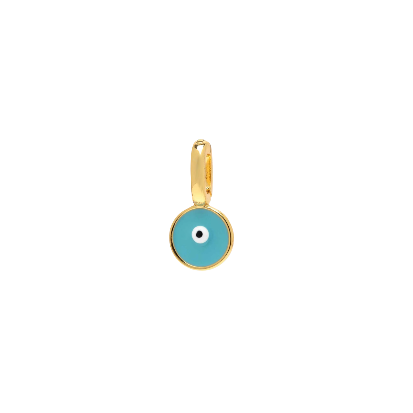 Gold round turquoise evil eye charm on a white background.