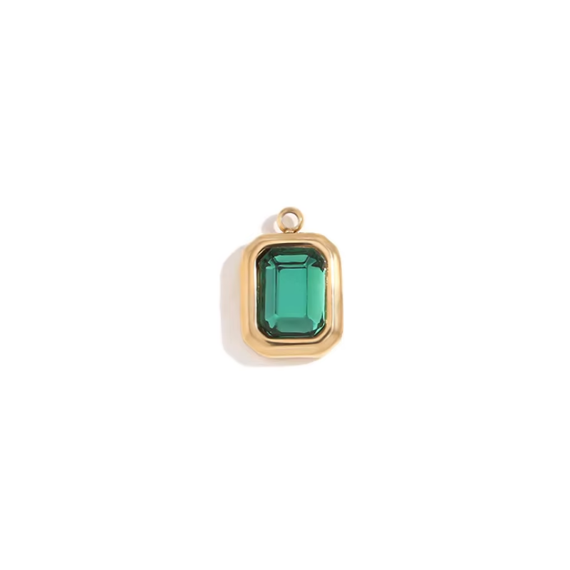 Gold bezel charm pendant with dark green emerald-cut stone
