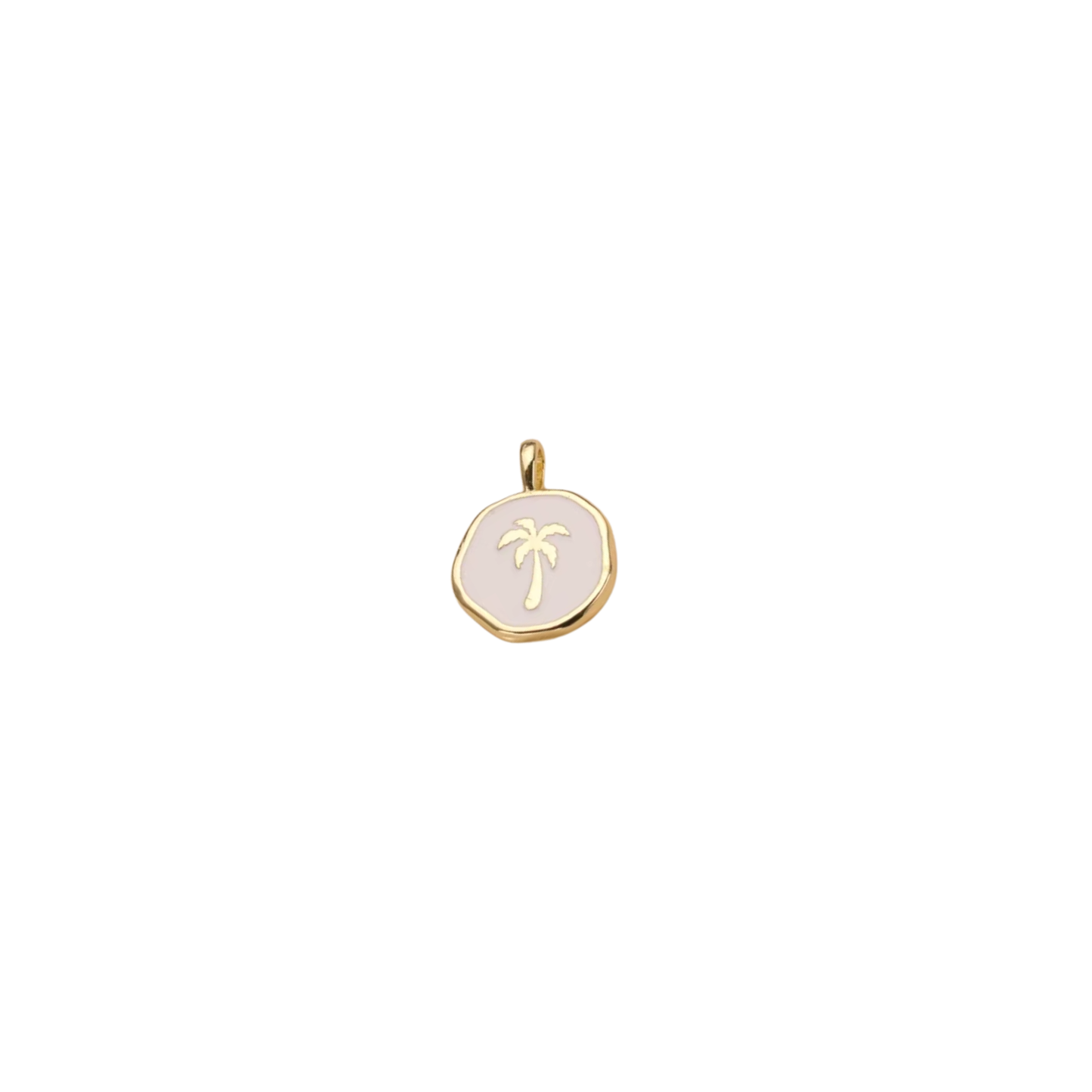 Gold-tone blush Palm Coast charm with palm tree design on white background