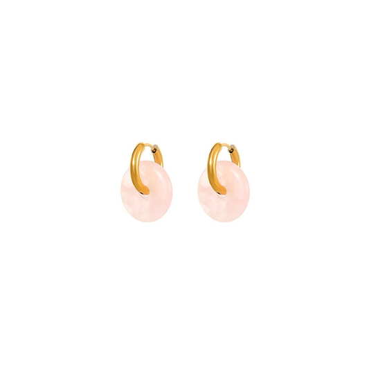 Gold hoop earrings with pale pink rose quartz donut charms – soft pastel jewellery by KJAYDE