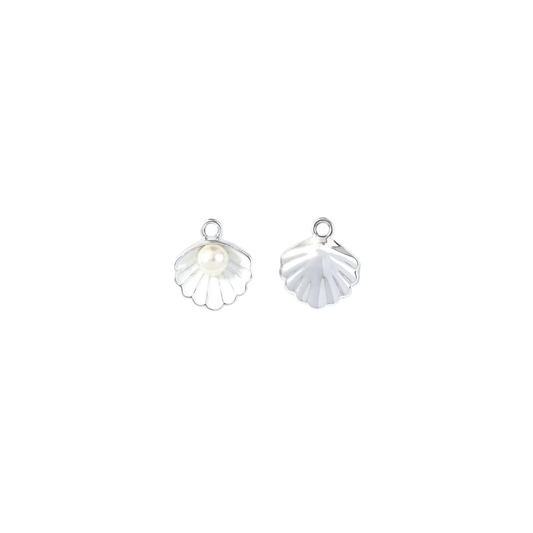 Silver shell charm with white pearl-style centre on white background
