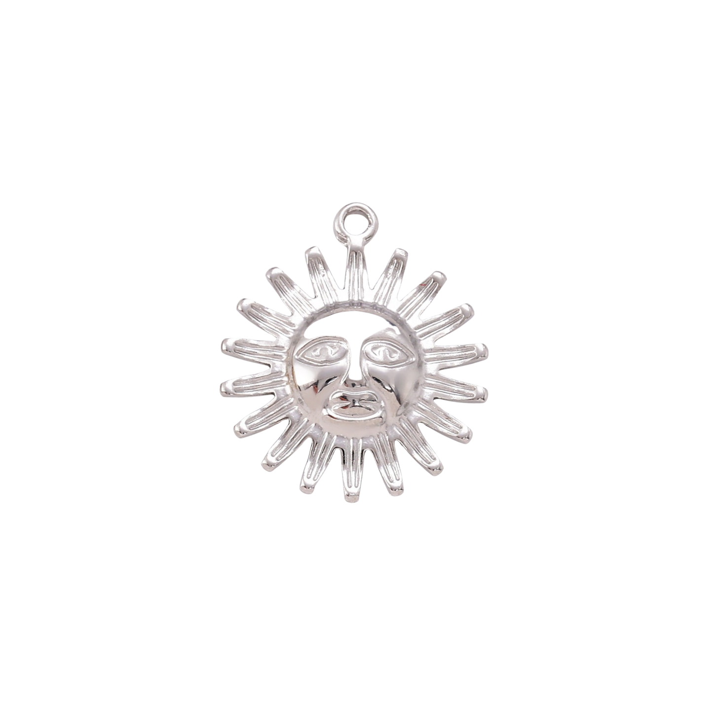 Silver stainless steel Solstice Sun Charm featuring a detailed celestial sun face pendant