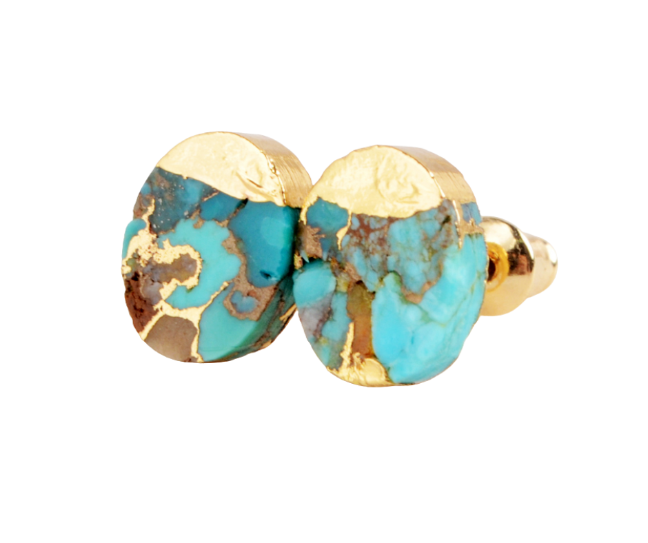TERRA Stud Earrings – raw turquoise studs with gold-plated caps and stainless steel posts, waterproof and unique coastal jewellery by KJAYDE