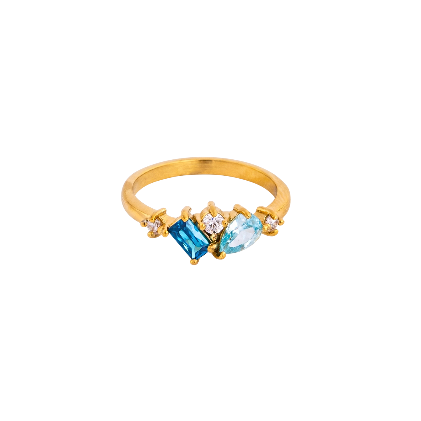 Alora Ring in 18K gold-plated stainless steel featuring blue and crystal zircon stones in an elegant geometric design with a waterproof, tarnish-resistant finish.