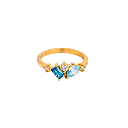 Alora Ring in 18K gold-plated stainless steel featuring blue and crystal zircon stones in an elegant geometric design with a waterproof, tarnish-resistant finish.