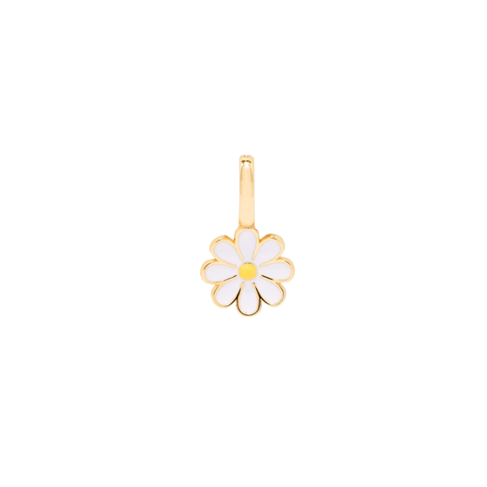 Gold daisy flower charm with white petals and yellow centre on a white background.