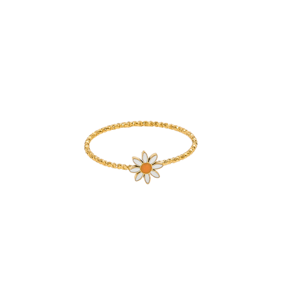 Daisy Ring in 18K gold-plated stainless steel featuring a white enamel daisy on a textured band with a waterproof, tarnish-resistant finish.