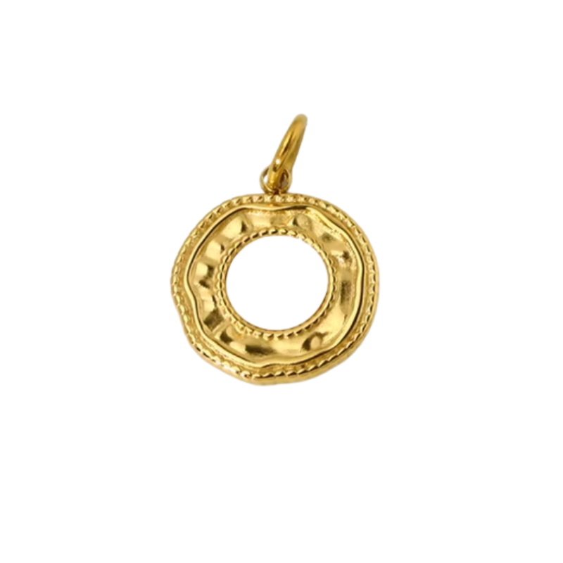 Gold halo charm pendant with hammered open circle and rope edge