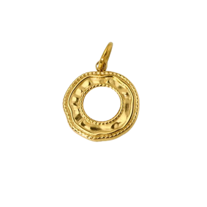 Gold halo charm pendant with hammered open circle and rope edge
