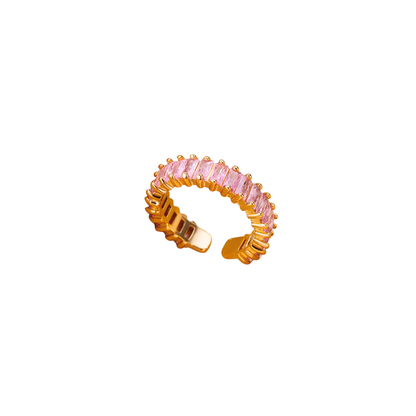 Adjustable gold ring with blush pink baguette-cut cubic zirconia stones in 18k gold-plated stainless steel by Kjayde.