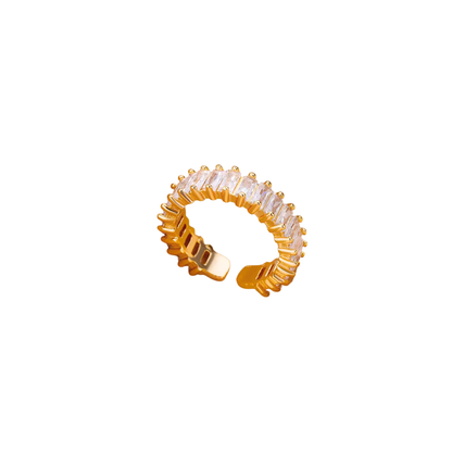 Adjustable gold ring with clear baguette-cut cubic zirconia stones in 18k gold-plated stainless steel by Kjayde.