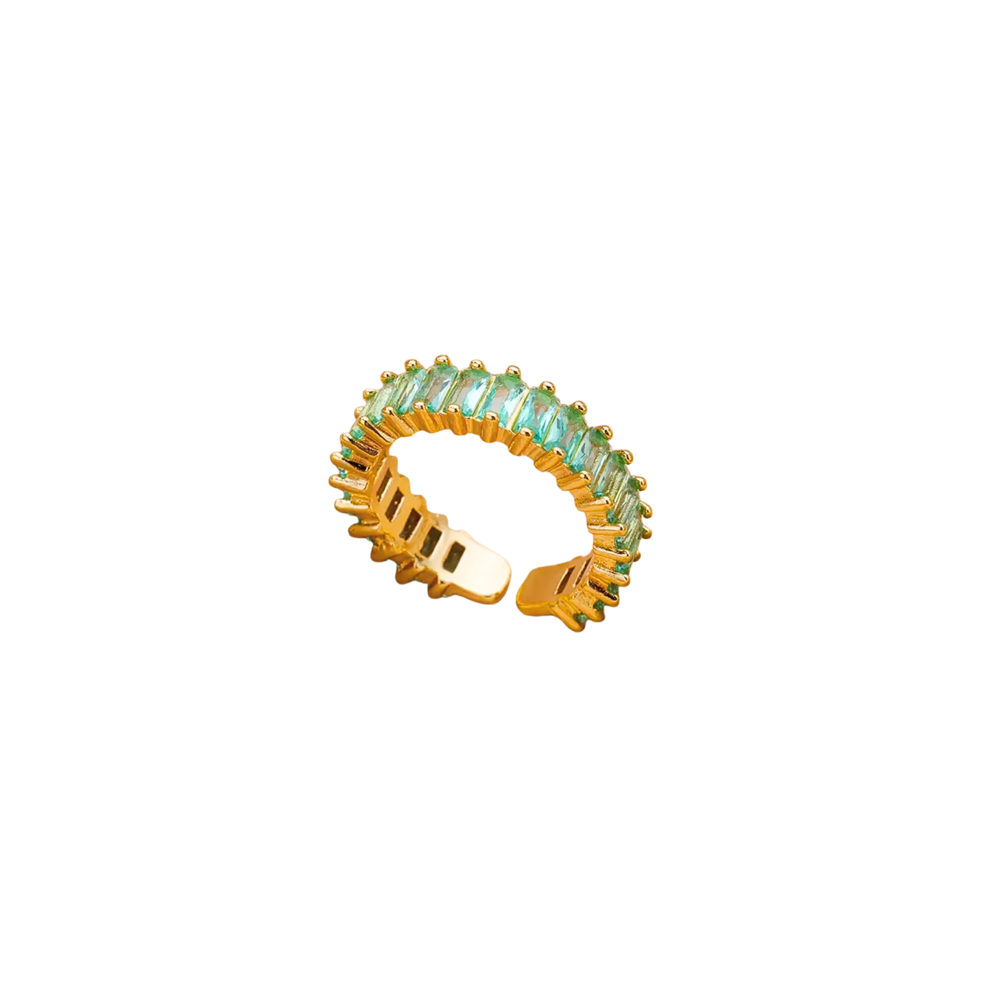 Adjustable gold ring with seafoam green baguette-cut cubic zirconia stones in 18k gold-plated stainless steel by Kjayde.