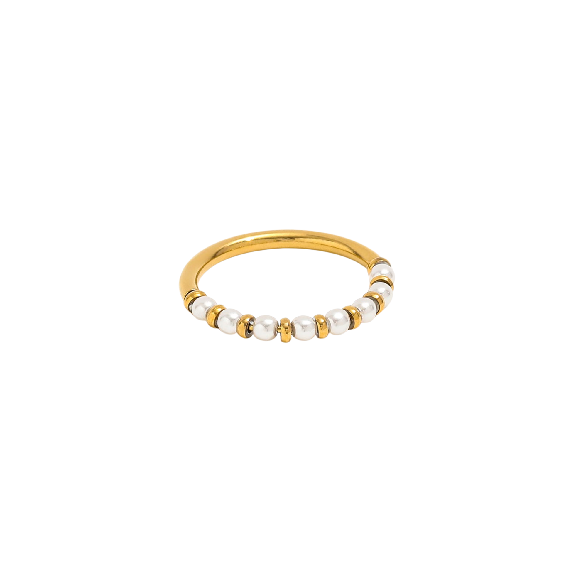 Mira Ring in 18K gold-plated stainless steel featuring delicate faux pearl accents on a polished waterproof, tarnish-resistant band.