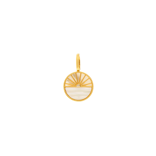 Gold round charm featuring a sun and wave design with cream enamel-style detail on a white background.