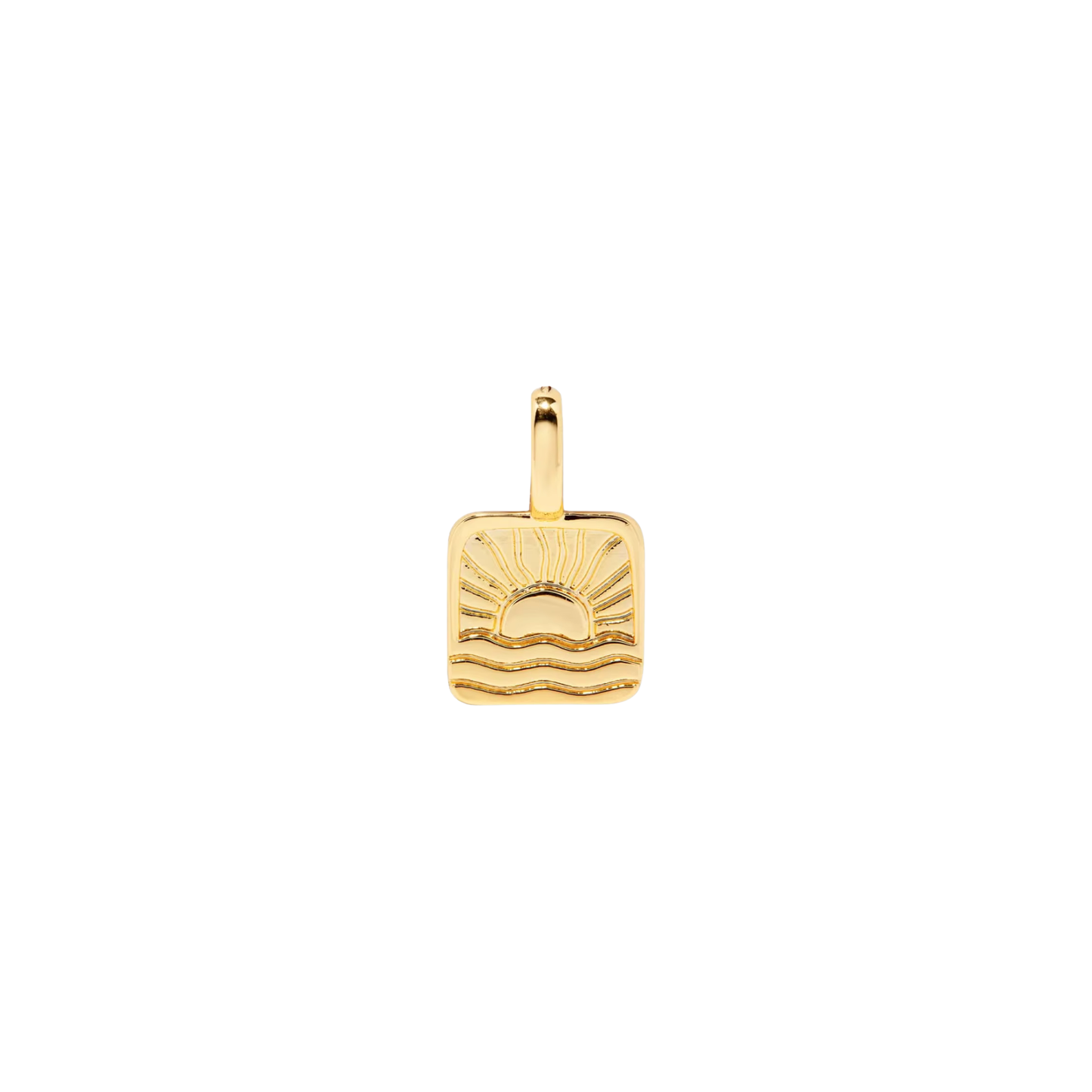 Gold square charm featuring an engraved sunrise and wave design on a white background.