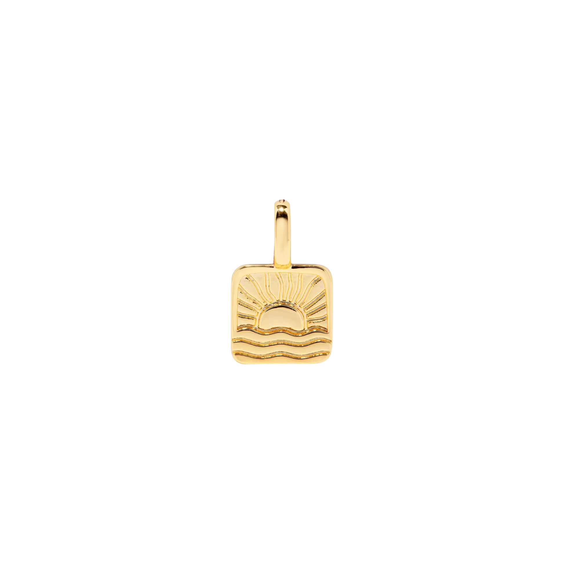 Gold square charm featuring an engraved sunrise and wave design on a white background.