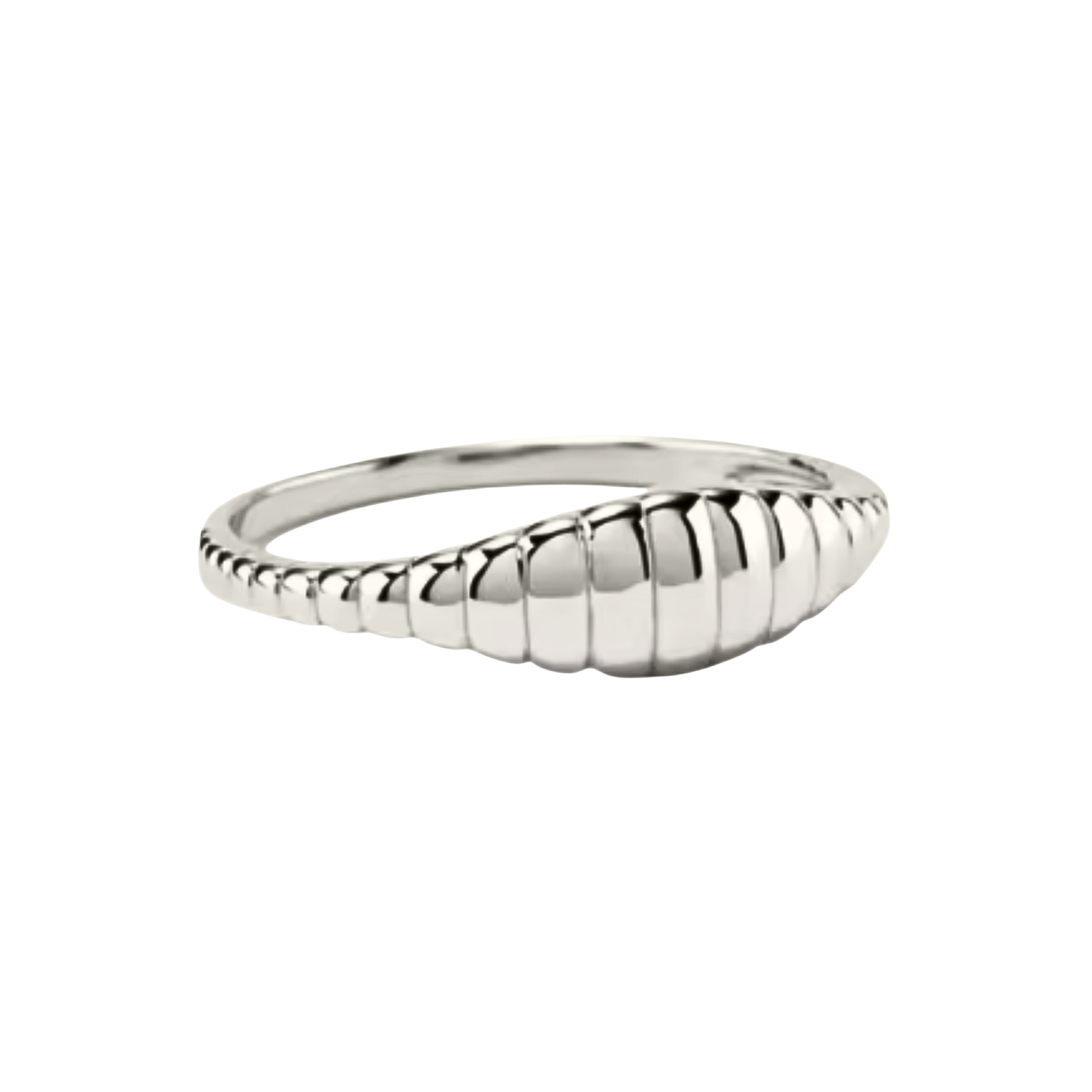 Tidal Shell Ring in silver featuring an elegant seashell-inspired design with a polished waterproof finish.