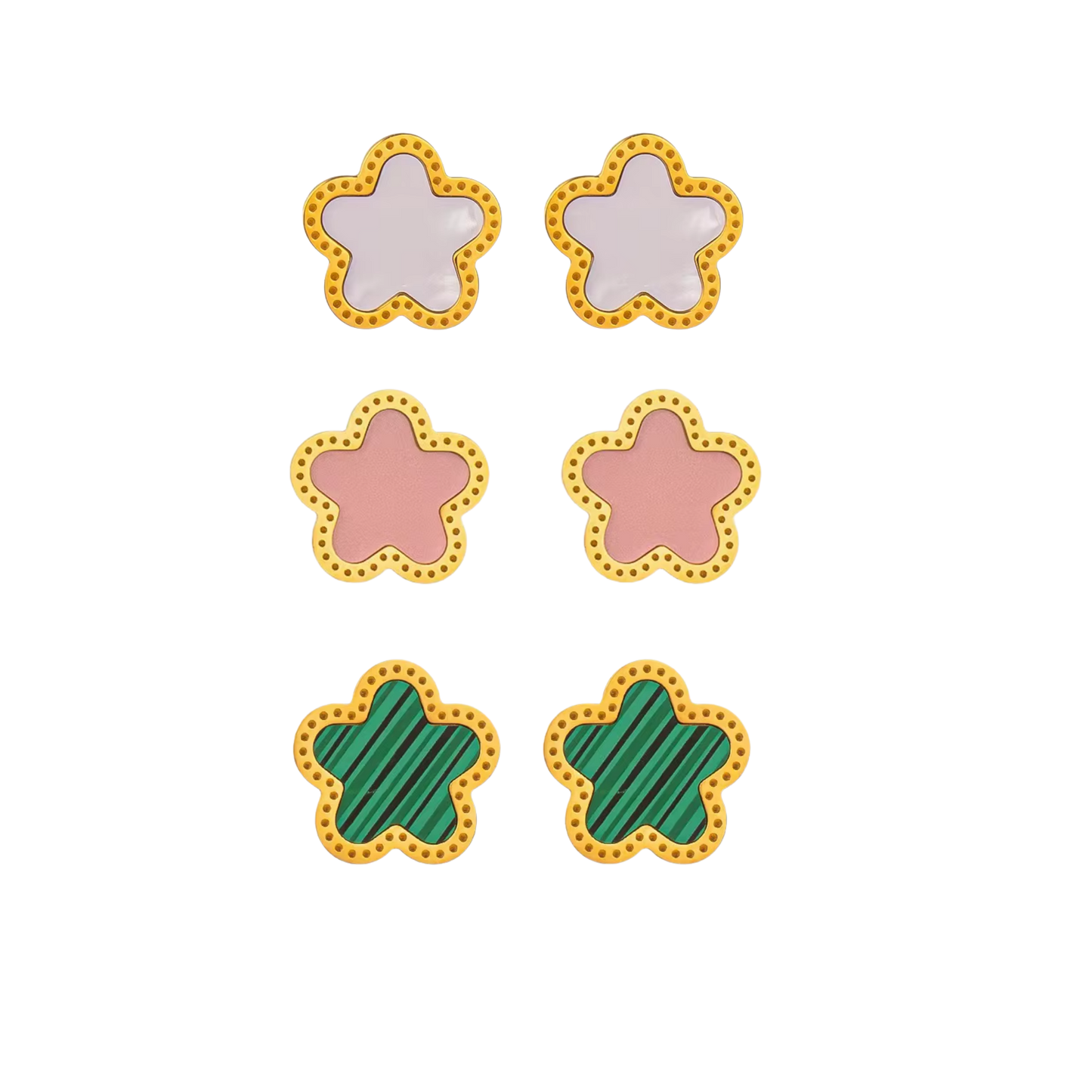 Bloom Earrings in 18K gold PVD stainless steel with flower stud design, available in Pearl, Blush and Malachite variants.
