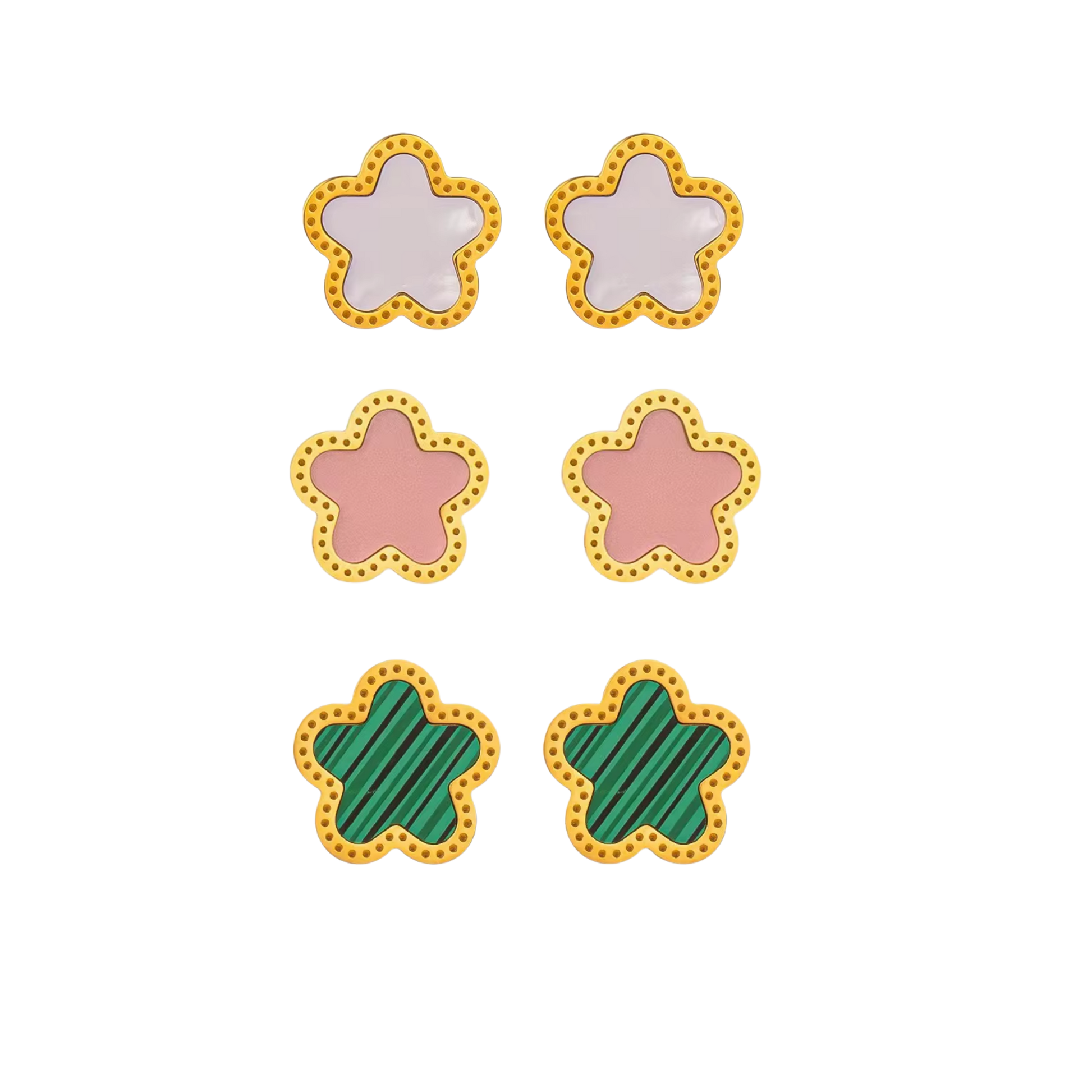 Bloom Earrings in 18K gold PVD stainless steel with flower stud design, available in Pearl, Blush and Malachite variants.