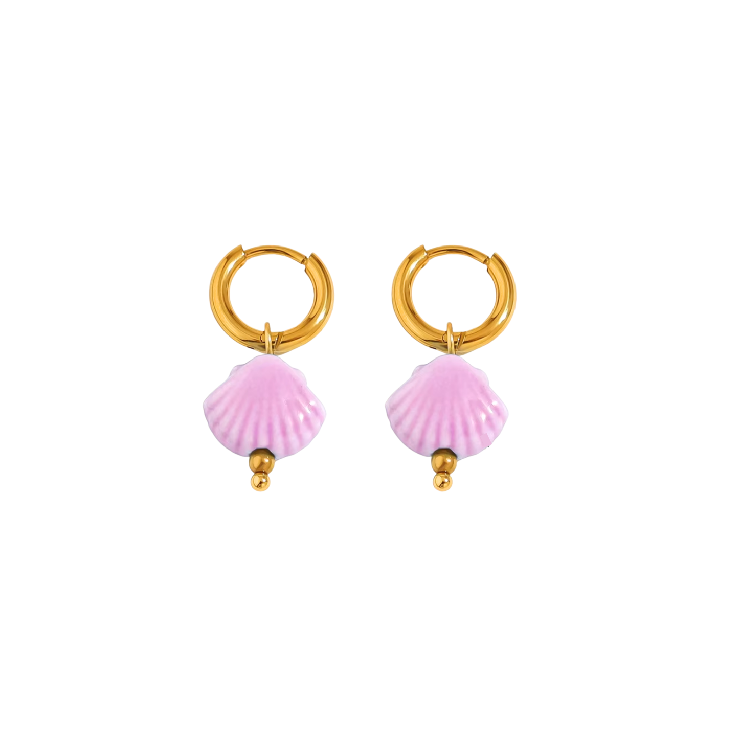 Blush-toned shell earrings with gold hoops – soft pastel beach jewellery by KJAYDE