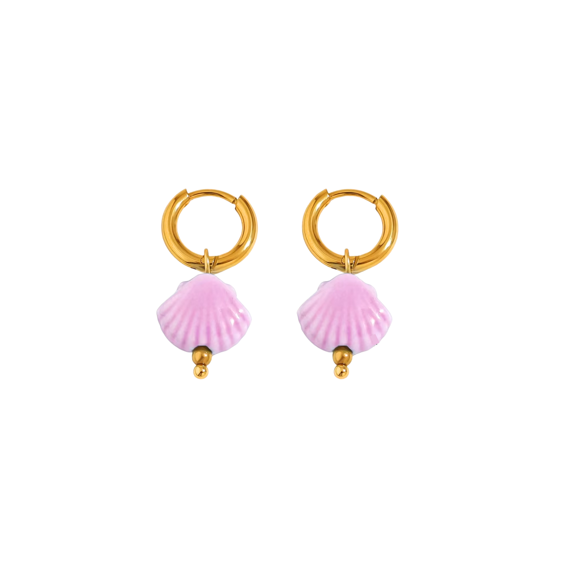 Blush-toned shell earrings with gold hoops – soft pastel beach jewellery by KJAYDE