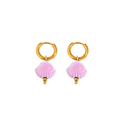 Blush-toned shell earrings with gold hoops – soft pastel beach jewellery by KJAYDE
