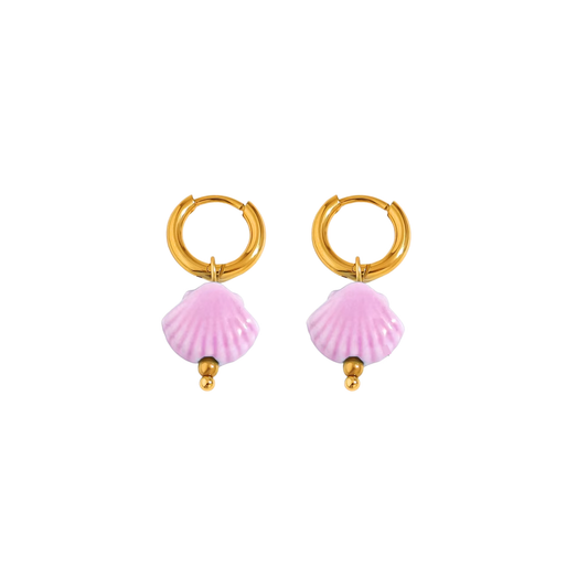 Blush-toned shell earrings with gold hoops – soft pastel beach jewellery by KJAYDE