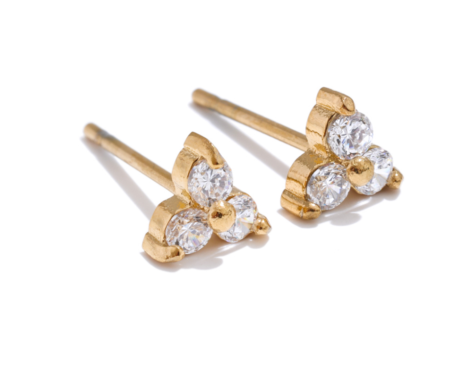 CARA Stud Earrings – gold triangle stud earrings with three cubic zirconia stones, waterproof and hypoallergenic by KJAYDE