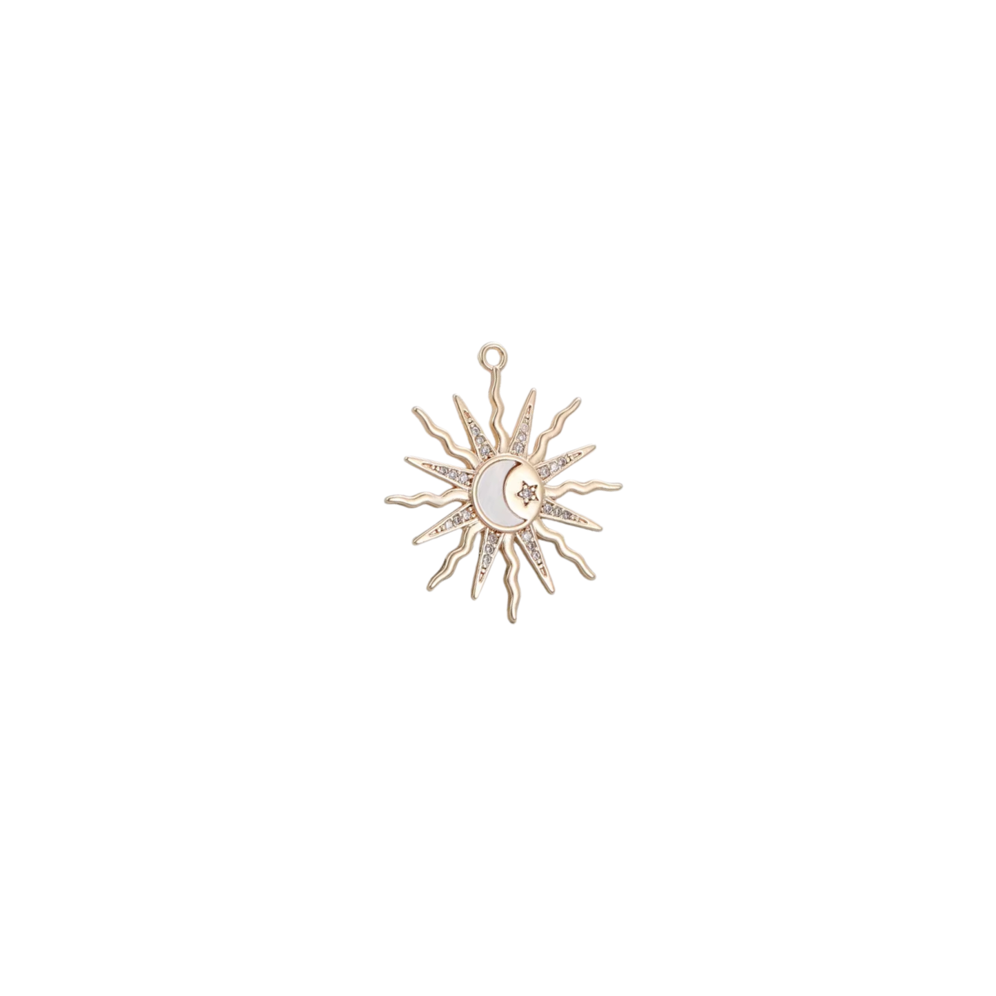 Gold-tone celestial sun charm with moon, star and crystal-style details on white background