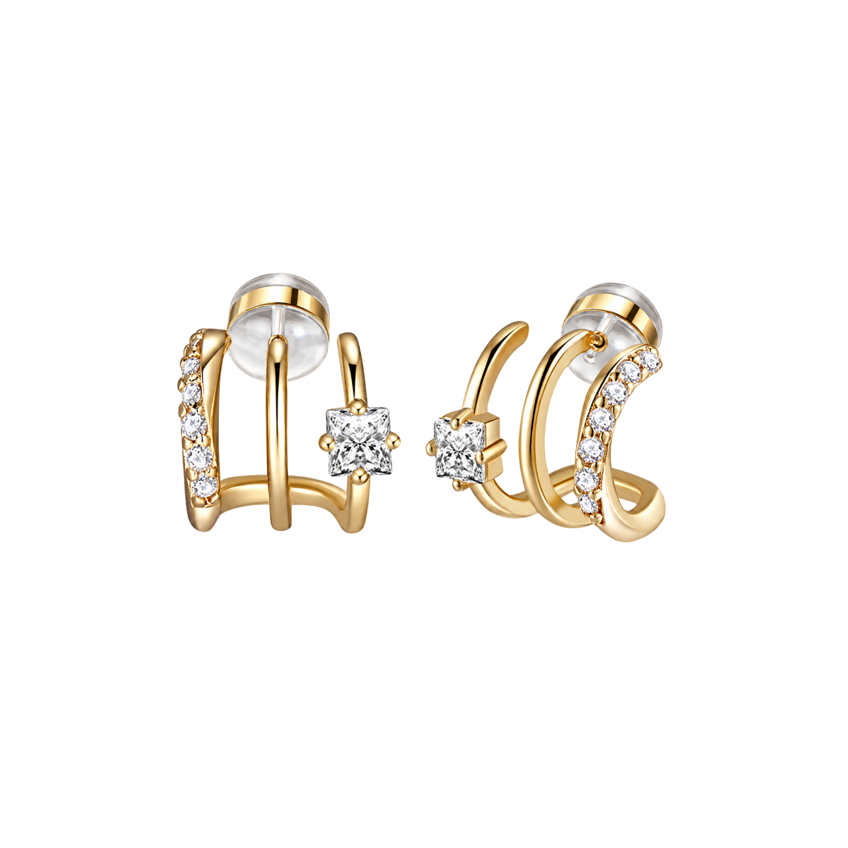 Cleo Huggies gold triple-hoop earrings with clear stones and square-cut feature stone