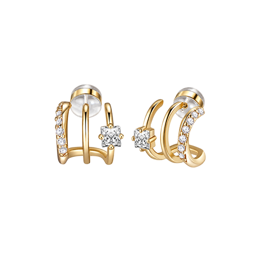Cleo Huggies gold triple-hoop earrings with clear stones and square-cut feature stone