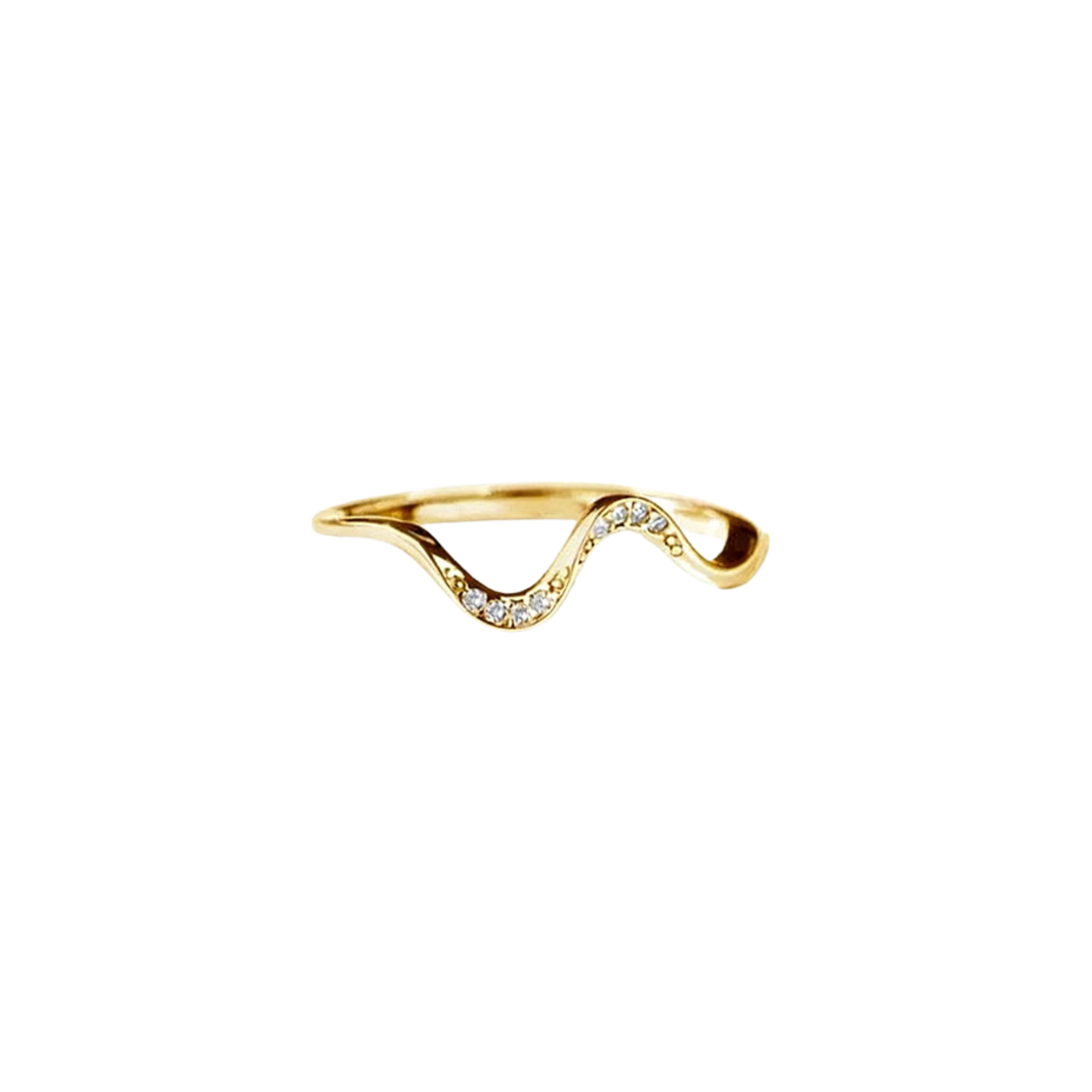 Minimal gold wave ring with crystal detailing worn on finger