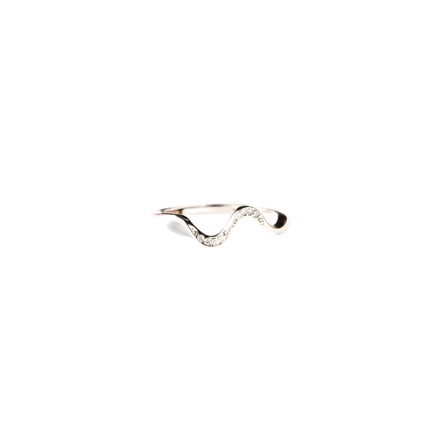 Coastal Curve Ring in polished silver stainless steel featuring a graceful wave-inspired band with delicate crystal accents and a waterproof, tarnish-resistant finish.