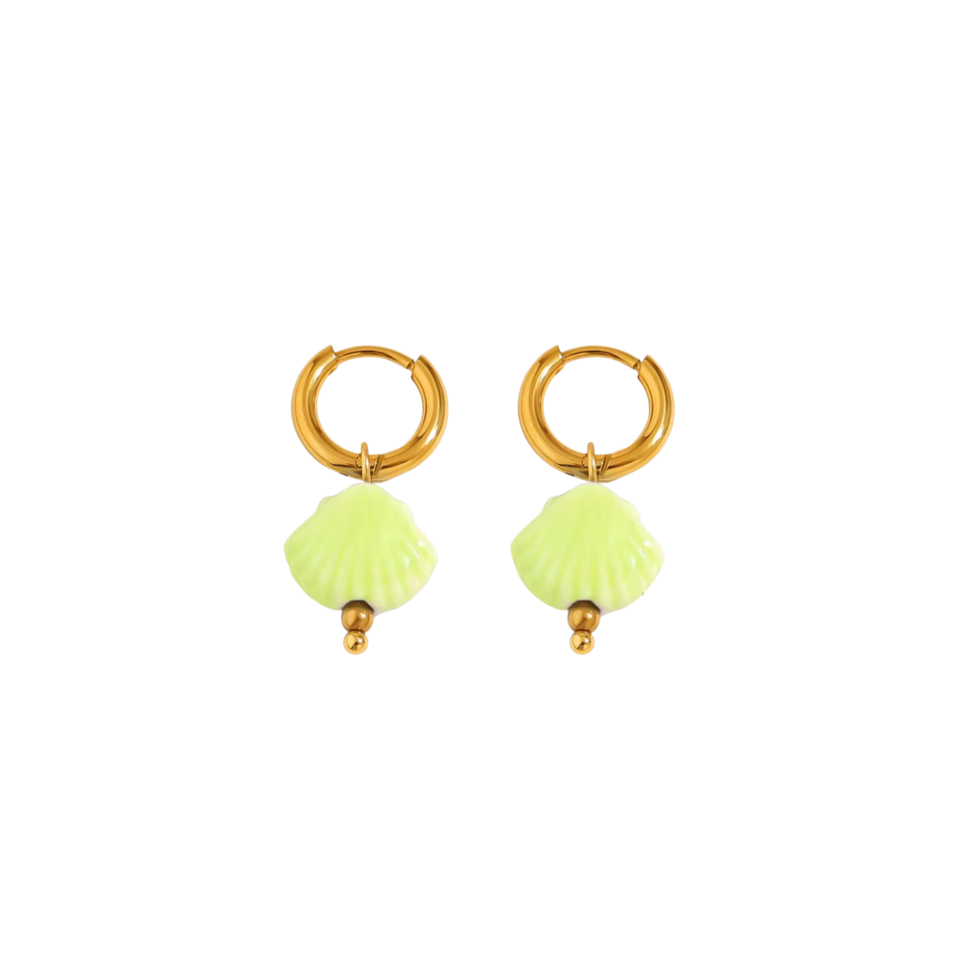 Gold hoop earrings with yellow ceramic shell drops – beach-inspired statement jewellery by KJAYDE