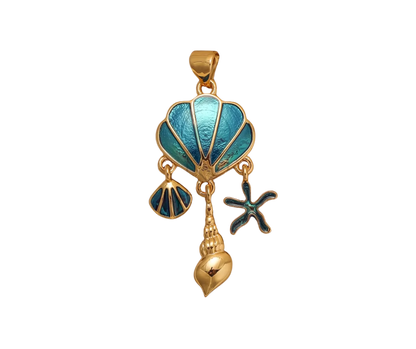CORAL Ocean Cluster Charm – 18k gold-plated waterproof pendant with enamel starfish, scallop, and seashell dangles, coastal jewellery by KJAYDE