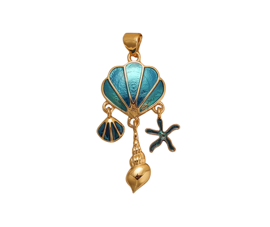CORAL Ocean Cluster Charm – 18k gold-plated waterproof pendant with enamel starfish, scallop, and seashell dangles, coastal jewellery by KJAYDE