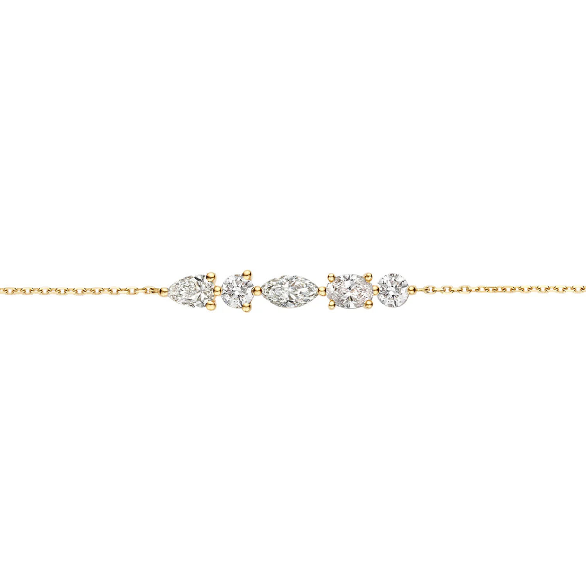 18K gold crystal bracelet with five stones on delicate chain, elegant gold jewellery