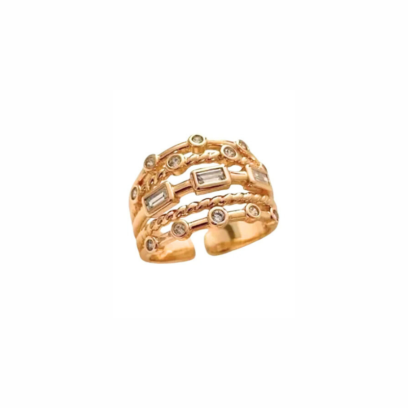 Elle gold multi-row open band ring with baguette and round-cut stones and rope detail