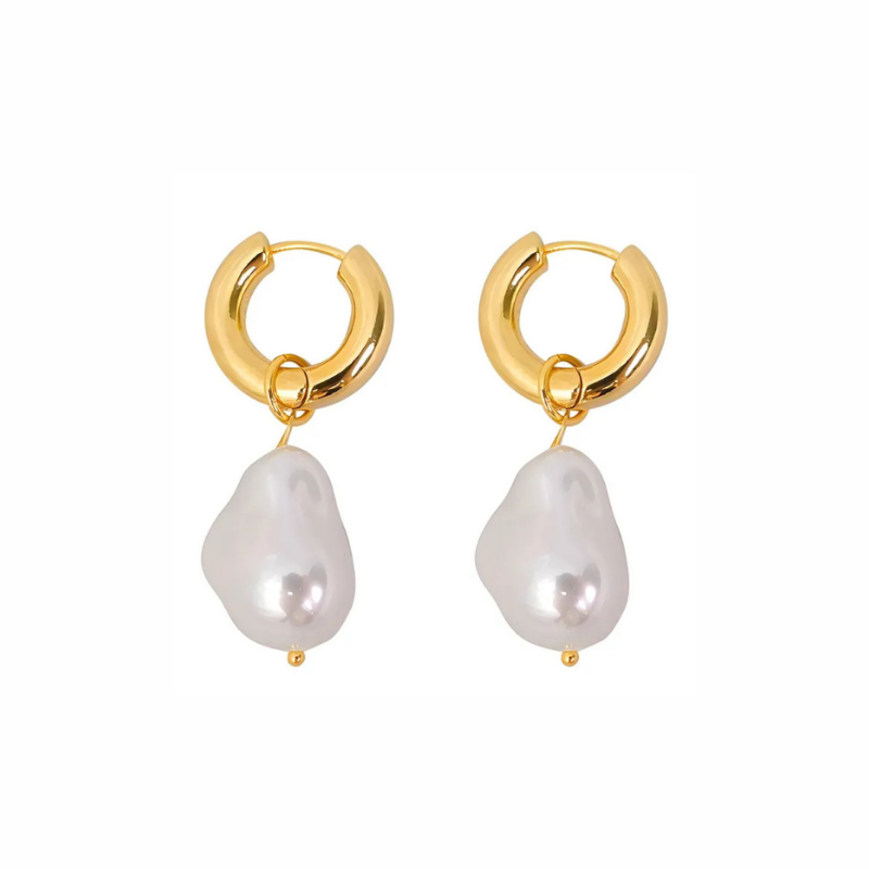 Isla gold huggie earrings with baroque pearl drops, polished dome hoop