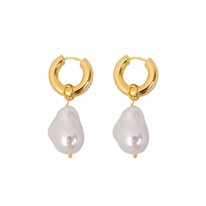 Isla gold huggie earrings with baroque pearl drops, polished dome hoop