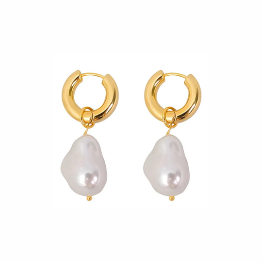 Isla gold huggie earrings with baroque pearl drops, polished dome hoop