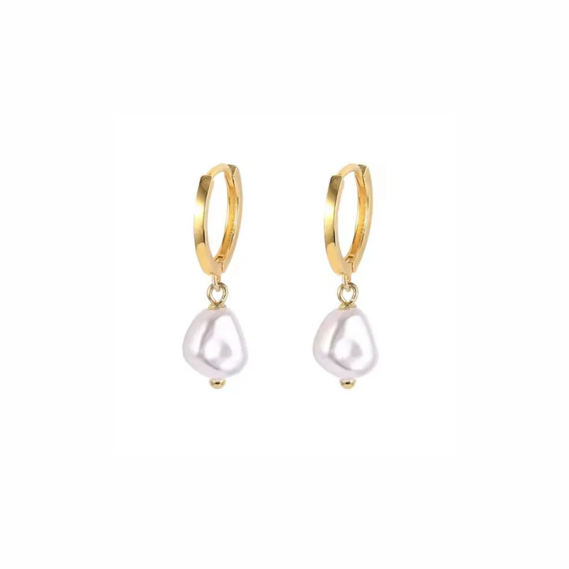 Gold hoop earrings with white pearl drops on a white background