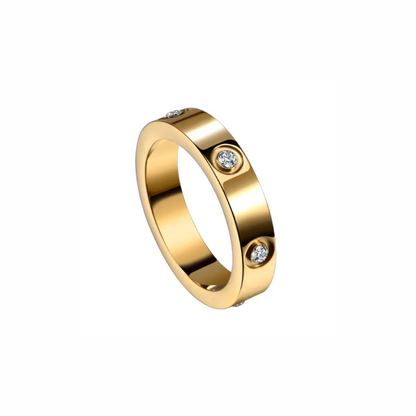 Zali gold band ring with bezel-set round stones and polished finish