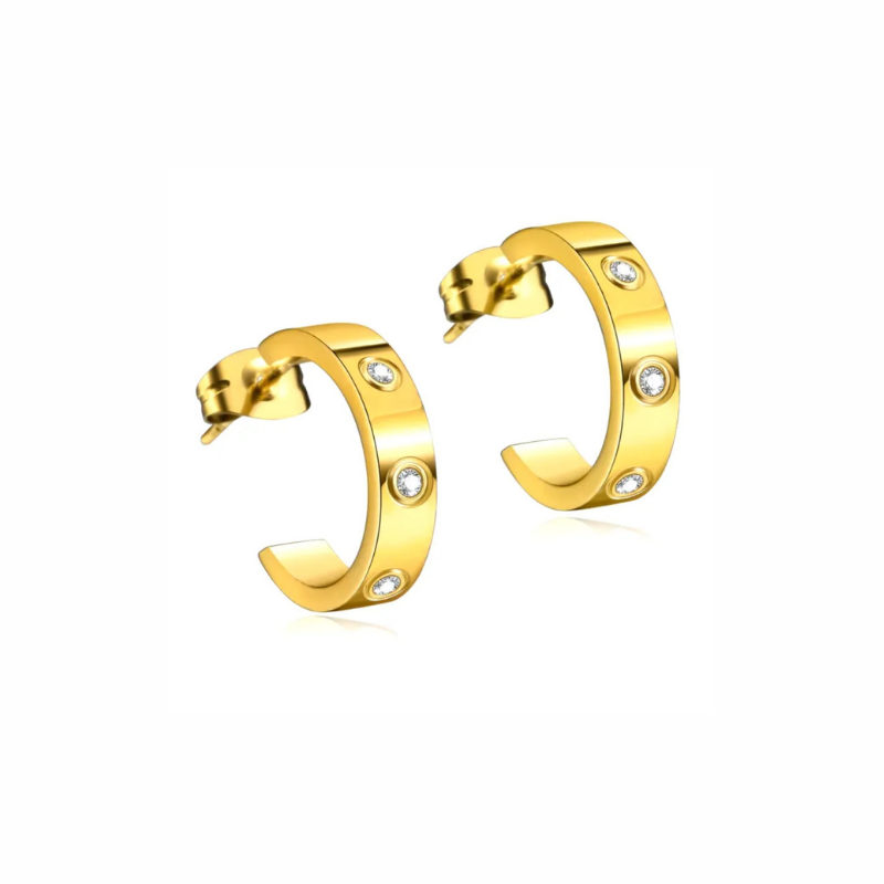 Reyn gold half-hoop stud earrings with bezel-set clear stones and polished finish