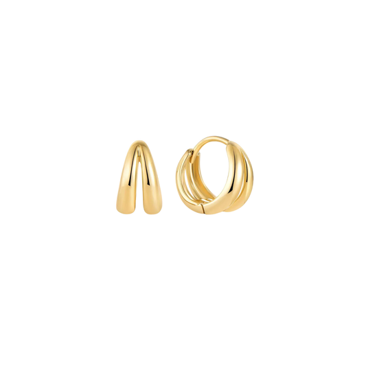 Gold curved hoop earrings with a bold, sculptural shape – modern jewellery by KJAYDE