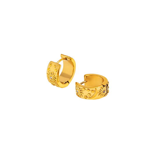 18K gold celestial huggie hoops with sun and star design, waterproof beach jewellery by Kjayde